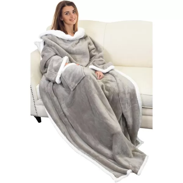 Catalonia Sherpa Wearable Blanket with Sleeves Arms Super Soft Warm Comfy Large Fleece Plush Sleeved TV Throws Wrap Robe Blanket for Adult Women and MenStandard Pocket Camel