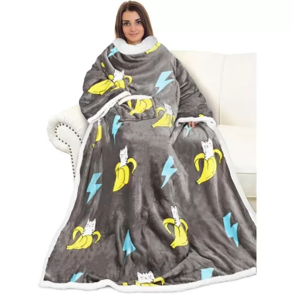 Catalonia Sherpa Wearable Blanket with Sleeves Arms Super Soft Warm Comfy Large Fleece Plush Sleeved TV Throws Wrap Robe Blanket for Adult Women and MenStandard Pocket Banana Cat Gray