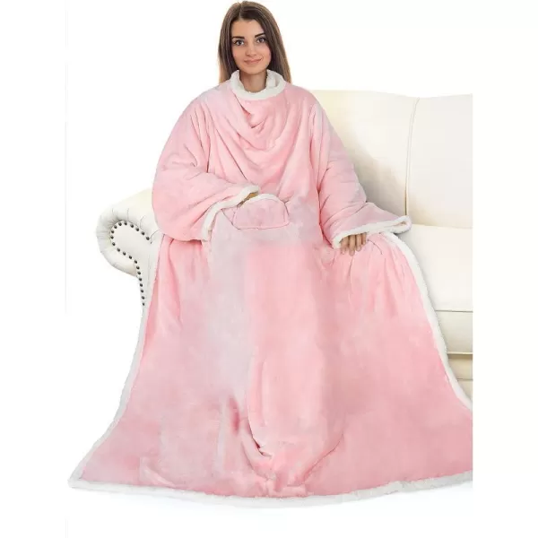 Catalonia Sherpa Wearable Blanket with Sleeves Arms Super Soft Warm Comfy Large Fleece Plush Sleeved TV Throws Wrap Robe Blanket for Adult Women and MenStandard Pocket Pink