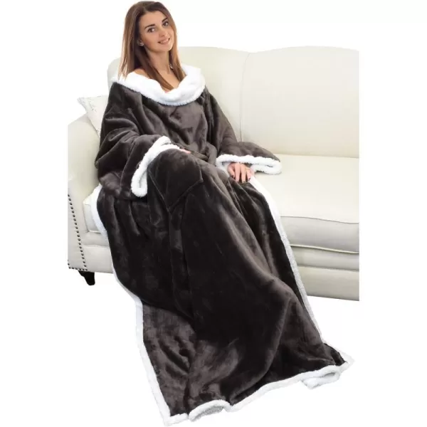 Catalonia Sherpa Wearable Blanket with Sleeves Arms Super Soft Warm Comfy Large Fleece Plush Sleeved TV Throws Wrap Robe Blanket for Adult Women and MenStandard Pocket Brown