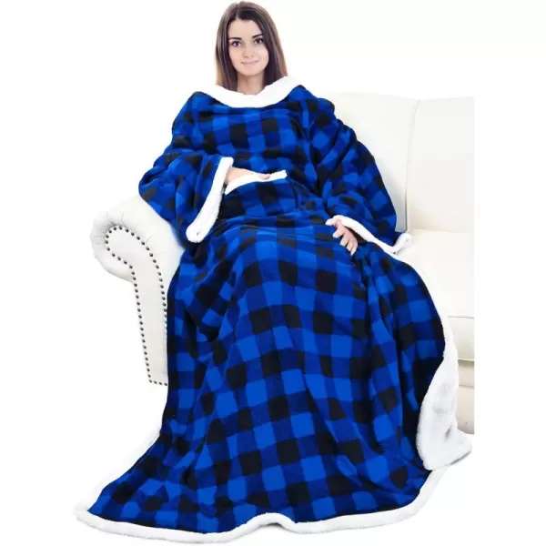 Catalonia Sherpa Wearable Blanket with Sleeves Arms Super Soft Warm Comfy Large Fleece Plush Sleeved TV Throws Wrap Robe Blanket for Adult Women and MenStandard Pocket Plaid Blue