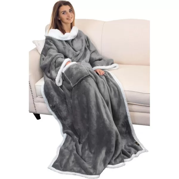 Catalonia Sherpa Wearable Blanket with Sleeves Arms Super Soft Warm Comfy Large Fleece Plush Sleeved TV Throws Wrap Robe Blanket for Adult Women and MenStandard Pocket Gray