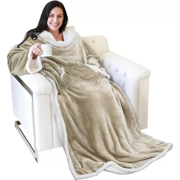 Catalonia Sherpa Wearable Blanket with Sleeves Arms Super Soft Warm Comfy Large Fleece Plush Sleeved TV Throws Wrap Robe Blanket for Adult Women and MenKangaroo Front Pocket Camel