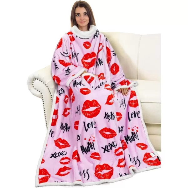 Catalonia Sherpa Wearable Blanket with Sleeves Arms Super Soft Warm Comfy Large Fleece Plush Sleeved TV Throws Wrap Robe Blanket for Adult Women and MenStandard Pocket Kiss Hot Pink