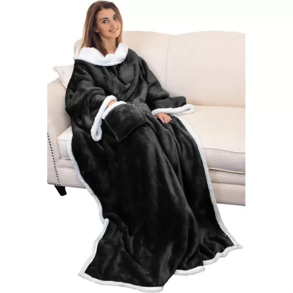 Catalonia Sherpa Wearable Blanket with Sleeves Arms Super Soft Warm Comfy Large Fleece Plush Sleeved TV Throws Wrap Robe Blanket for Adult Women and MenStandard Pocket Black