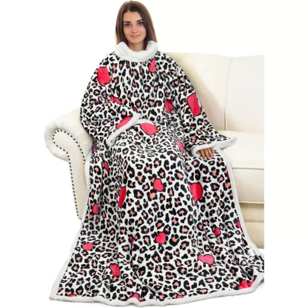 Catalonia Sherpa Wearable Blanket with Sleeves Arms Super Soft Warm Comfy Large Fleece Plush Sleeved TV Throws Wrap Robe Blanket for Adult Women and MenStandard Pocket Leopard Heart White