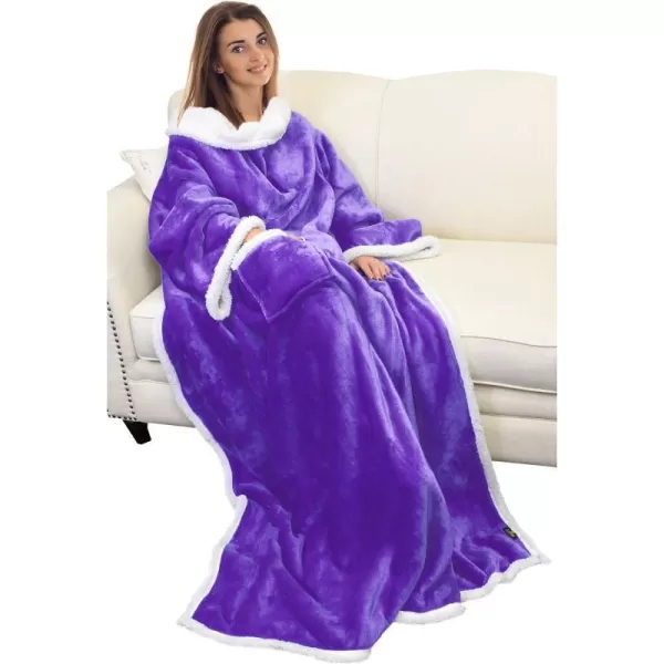 Catalonia Sherpa Wearable Blanket with Sleeves Arms Super Soft Warm Comfy Large Fleece Plush Sleeved TV Throws Wrap Robe Blanket for Adult Women and MenStandard Pocket Purple