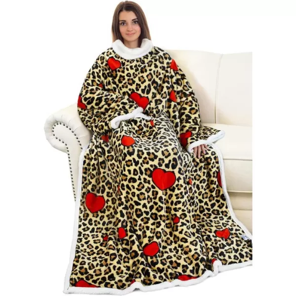 Catalonia Sherpa Wearable Blanket with Sleeves Arms Super Soft Warm Comfy Large Fleece Plush Sleeved TV Throws Wrap Robe Blanket for Adult Women and MenStandard Pocket Leopard Heart Brown