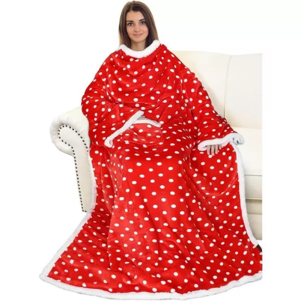 Catalonia Sherpa Wearable Blanket with Sleeves Arms Super Soft Warm Comfy Large Fleece Plush Sleeved TV Throws Wrap Robe Blanket for Adult Women and MenStandard Pocket Dot