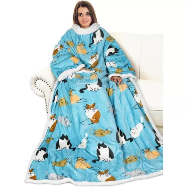 Catalonia Sherpa Wearable Blanket with Sleeves Arms Super Soft Warm Comfy Large Fleece Plush Sleeved TV Throws Wrap Robe Blanket for Adult Women and MenStandard Pocket Cat Blue