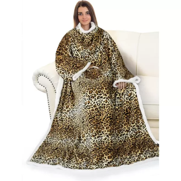 Catalonia Sherpa Wearable Blanket with Sleeves Arms Super Soft Warm Comfy Large Fleece Plush Sleeved TV Throws Wrap Robe Blanket for Adult Women and MenStandard Pocket Cheetah