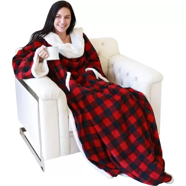 Catalonia Sherpa Wearable Blanket with Sleeves Arms Super Soft Warm Comfy Large Fleece Plush Sleeved TV Throws Wrap Robe Blanket for Adult Women and MenKangaroo Front Pocket Red Checker