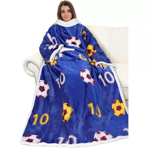 Catalonia Sherpa Wearable Blanket with Sleeves Arms Super Soft Warm Comfy Large Fleece Plush Sleeved TV Throws Wrap Robe Blanket for Adult Women and MenStandard Pocket Soccer Team Blue