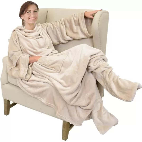 Catalonia Sherpa Wearable Blanket with Sleeves amp Foot Pockets for Adult Women Men Comfy Snuggle Wrap Sleeved Throw Blanket Robe Gift Idea PlaidFleece Latte