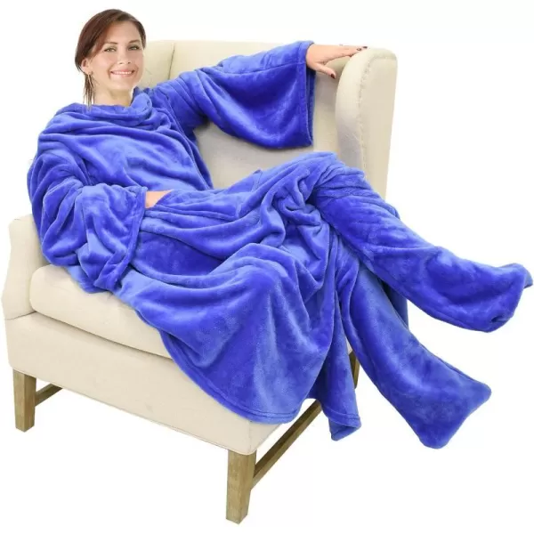 Catalonia Sherpa Wearable Blanket with Sleeves amp Foot Pockets for Adult Women Men Comfy Snuggle Wrap Sleeved Throw Blanket Robe Gift Idea PlaidFleece Blue