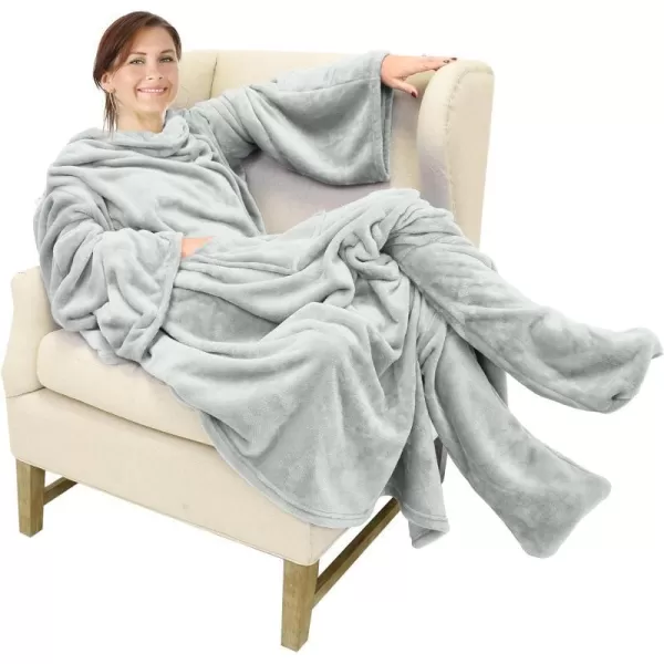 Catalonia Sherpa Wearable Blanket with Sleeves amp Foot Pockets for Adult Women Men Comfy Snuggle Wrap Sleeved Throw Blanket Robe Gift Idea PlaidFleece Light Gray