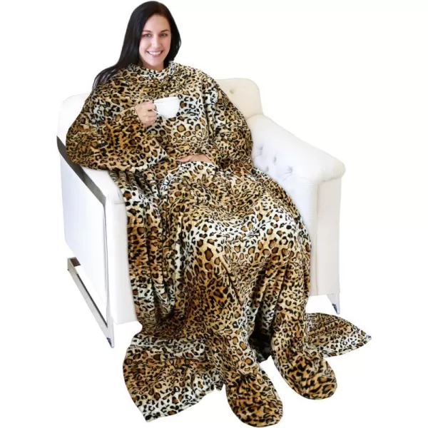 Catalonia Sherpa Wearable Blanket with Sleeves amp Foot Pockets for Adult Women Men Comfy Snuggle Wrap Sleeved Throw Blanket Robe Gift Idea PlaidFleece Cheetah