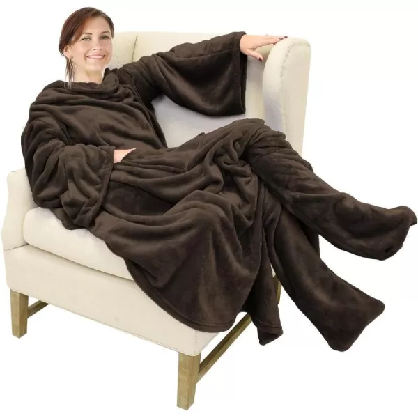 Catalonia Sherpa Wearable Blanket with Sleeves amp Foot Pockets for Adult Women Men Comfy Snuggle Wrap Sleeved Throw Blanket Robe Gift Idea PlaidFleece Brown