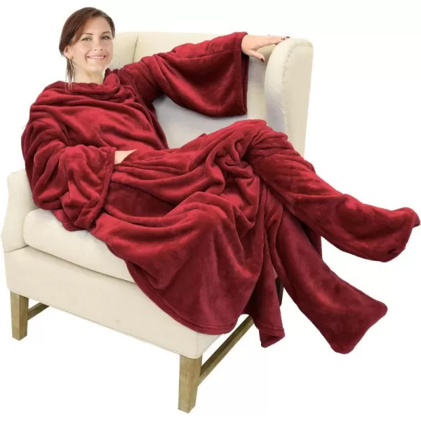 Catalonia Sherpa Wearable Blanket with Sleeves amp Foot Pockets for Adult Women Men Comfy Snuggle Wrap Sleeved Throw Blanket Robe Gift Idea PlaidFleece Wine