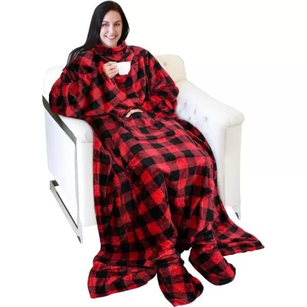 Catalonia Sherpa Wearable Blanket with Sleeves amp Foot Pockets for Adult Women Men Comfy Snuggle Wrap Sleeved Throw Blanket Robe Gift Idea PlaidFleece Red Checker