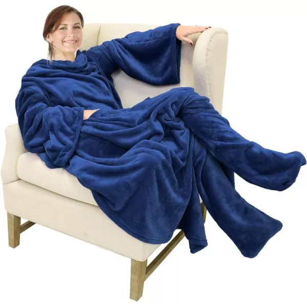 Catalonia Sherpa Wearable Blanket with Sleeves amp Foot Pockets for Adult Women Men Comfy Snuggle Wrap Sleeved Throw Blanket Robe Gift Idea PlaidFleece Navy