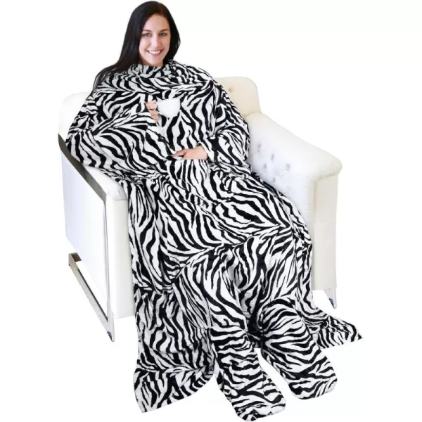 Catalonia Sherpa Wearable Blanket with Sleeves amp Foot Pockets for Adult Women Men Comfy Snuggle Wrap Sleeved Throw Blanket Robe Gift Idea PlaidFleece Zebra