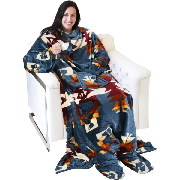 Catalonia Sherpa Wearable Blanket with Sleeves amp Foot Pockets for Adult Women Men Comfy Snuggle Wrap Sleeved Throw Blanket Robe Gift Idea PlaidFleece Southwest Blue