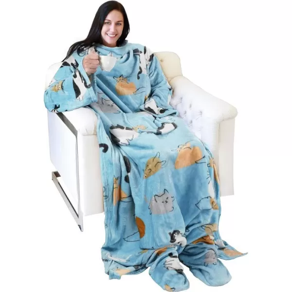 Catalonia Sherpa Wearable Blanket with Sleeves amp Foot Pockets for Adult Women Men Comfy Snuggle Wrap Sleeved Throw Blanket Robe Gift Idea PlaidFleece Cat Blue