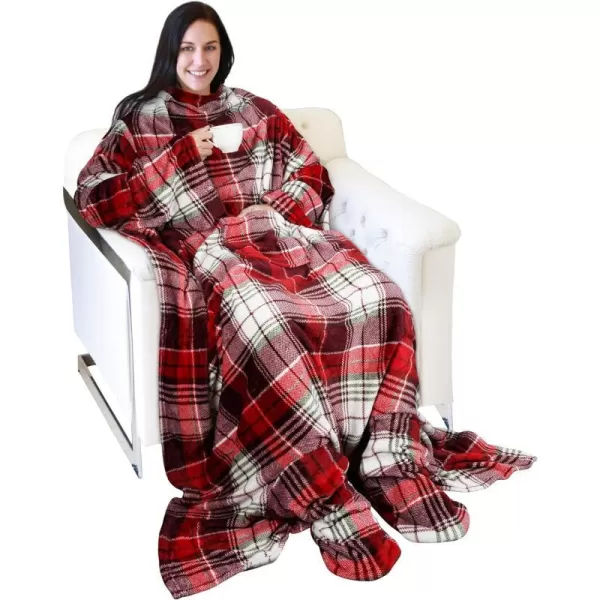 Catalonia Sherpa Wearable Blanket with Sleeves amp Foot Pockets for Adult Women Men Comfy Snuggle Wrap Sleeved Throw Blanket Robe Gift Idea PlaidFleece Red Plaid