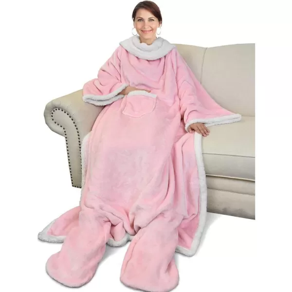 Catalonia Sherpa Wearable Blanket with Sleeves amp Foot Pockets for Adult Women Men Comfy Snuggle Wrap Sleeved Throw Blanket Robe Gift Idea PlaidSherpa Lining Pink