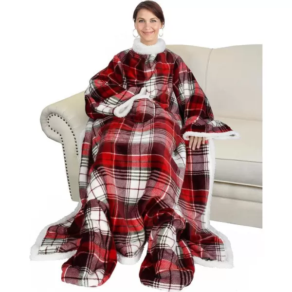 Catalonia Sherpa Wearable Blanket with Sleeves amp Foot Pockets for Adult Women Men Comfy Snuggle Wrap Sleeved Throw Blanket Robe Gift Idea PlaidSherpa Lining Red Plaid