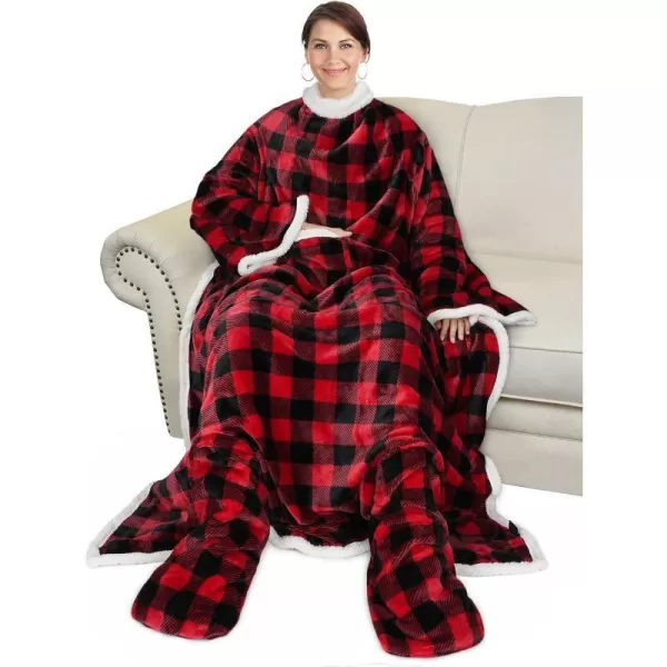 Catalonia Sherpa Wearable Blanket with Sleeves amp Foot Pockets for Adult Women Men Comfy Snuggle Wrap Sleeved Throw Blanket Robe Gift Idea PlaidSherpa Lining Red Checker