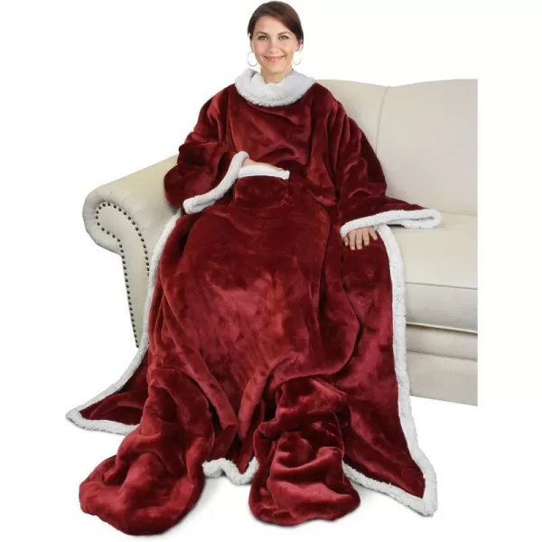 Catalonia Sherpa Wearable Blanket with Sleeves amp Foot Pockets for Adult Women Men Comfy Snuggle Wrap Sleeved Throw Blanket Robe Gift Idea PlaidSherpa Lining Wine