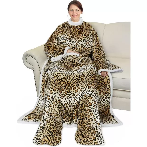 Catalonia Sherpa Wearable Blanket with Sleeves amp Foot Pockets for Adult Women Men Comfy Snuggle Wrap Sleeved Throw Blanket Robe Gift Idea PlaidSherpa Lining Cheetah