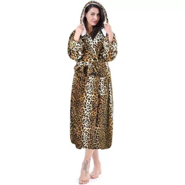 Catalonia Womens Plush Fleece Long Robe with Hood Warm Comfy Fluffy Bathrobe CheetahOne Size Cheetah