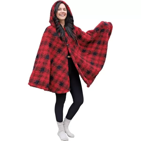 Catalonia Womens Poncho Cape Sherpa Fleece Cloak Coat Snuggly Hooded Wearable Blanket Gift Idea for Mom and Teen GirlsHooded Poncho Plaid Red