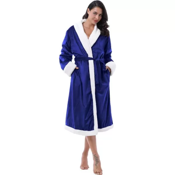 Catalonia Womens Sherpa BathrobeSoft Warm Fleece Long RobeShawl CollarComfyFull LengthBlue