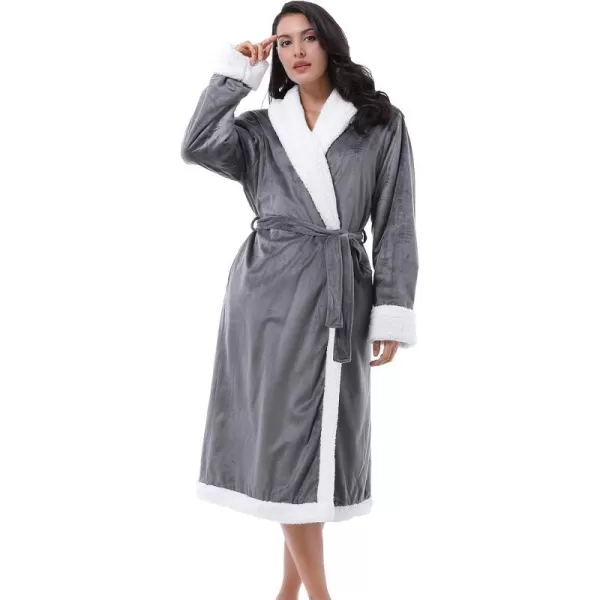 Catalonia Womens Sherpa BathrobeSoft Warm Fleece Long RobeShawl CollarComfyFull LengthGray