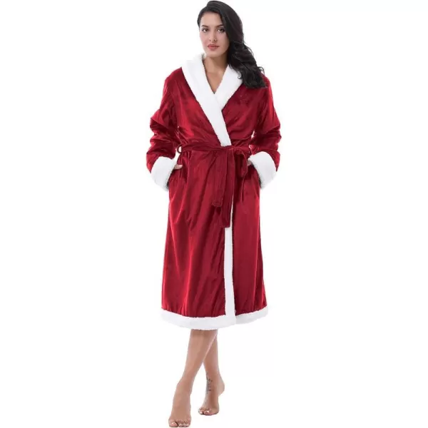 Catalonia Womens Sherpa BathrobeSoft Warm Fleece Long RobeShawl CollarComfyFull LengthWine