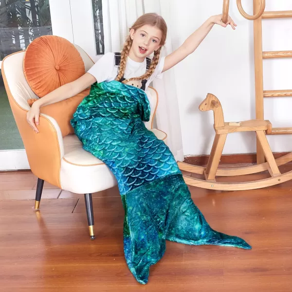 Catalonia Kids Mermaid Tail Blanket Super Soft Plush Flannel Sleeping Snuggle Blanket for Girls Rainbow Ombre Fish Scale Pattern Gift IdeaAurora Green