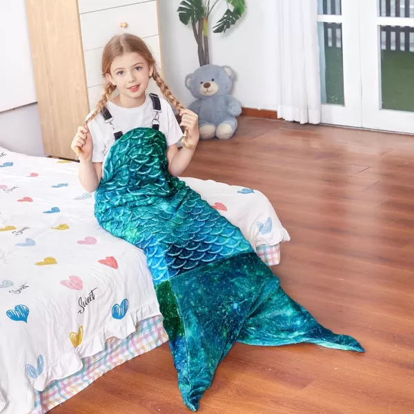 Catalonia Kids Mermaid Tail Blanket Super Soft Plush Flannel Sleeping Snuggle Blanket for Girls Rainbow Ombre Fish Scale Pattern Gift IdeaAurora Green