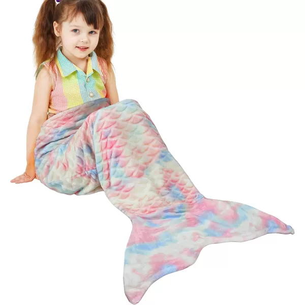 Catalonia Kids Mermaid Tail Blanket Super Soft Plush Flannel Sleeping Snuggle Blanket for Girls Rainbow Ombre Fish Scale Pattern Gift IdeaCandy