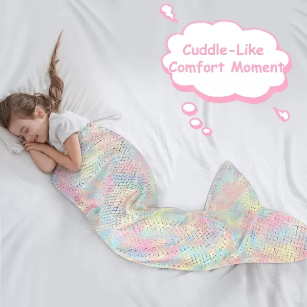 Catalonia Kids Mermaid Tail Blanket Super Soft Plush Flannel Sleeping Snuggle Blanket for Girls Rainbow Ombre Fish Scale Pattern Gift IdeaGlittering Cartooncandy