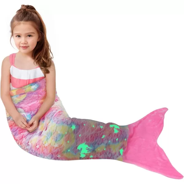 Catalonia Kids Mermaid Tail Blanket Super Soft Plush Flannel Sleeping Snuggle Blanket for Girls Rainbow Ombre Fish Scale Pattern Gift IdeaGlow in the Darkpink