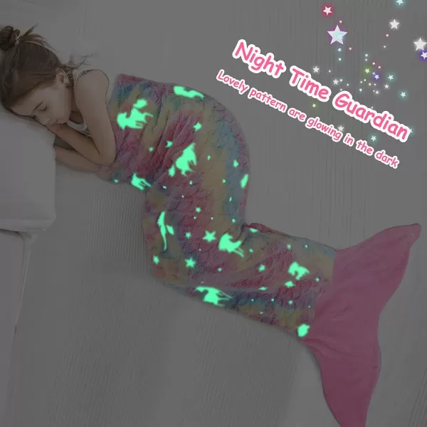 Catalonia Kids Mermaid Tail Blanket Super Soft Plush Flannel Sleeping Snuggle Blanket for Girls Rainbow Ombre Fish Scale Pattern Gift IdeaGlow in the Darkpink