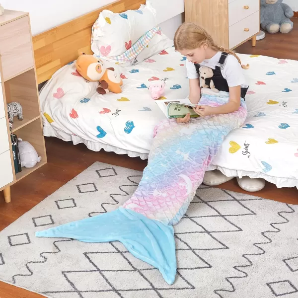 Catalonia Kids Mermaid Tail Blanket Super Soft Plush Flannel Sleeping Snuggle Blanket for Girls Rainbow Ombre Fish Scale Pattern Gift IdeaGlow in the Darkblue