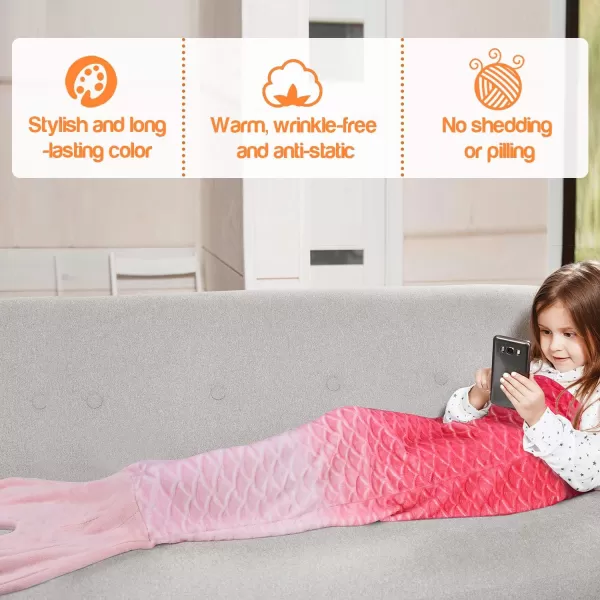 Catalonia Kids Mermaid Tail Blanket Super Soft Plush Flannel Sleeping Snuggle Blanket for Girls Rainbow Ombre Fish Scale Pattern Gift IdeaPink Ombre