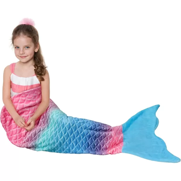 Catalonia Kids Mermaid Tail Blanket Super Soft Plush Flannel Sleeping Snuggle Blanket for Girls Rainbow Ombre Fish Scale Pattern Gift IdeaRainbow Ombre