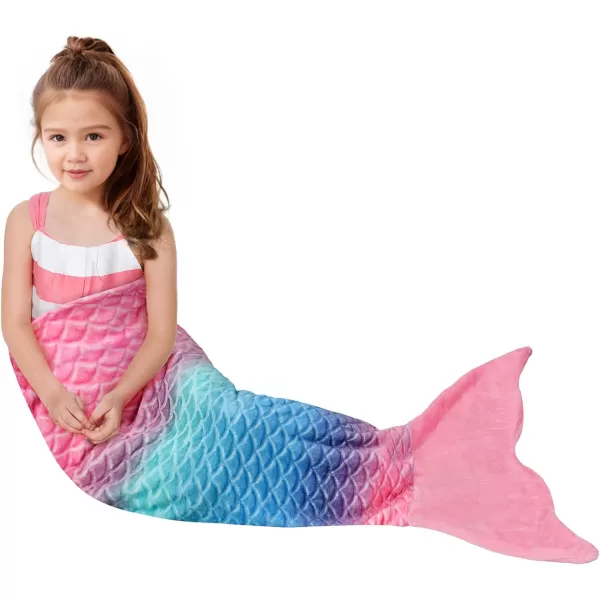 Catalonia Kids Mermaid Tail Blanket Super Soft Plush Flannel Sleeping Snuggle Blanket for Girls Rainbow Ombre Fish Scale Pattern Gift IdeaRainbow Ombre Pink Tail