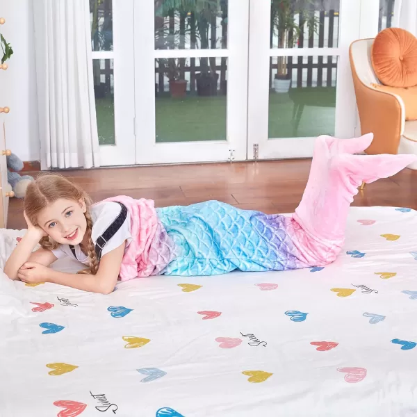 Catalonia Kids Mermaid Tail Blanket Super Soft Plush Flannel Sleeping Snuggle Blanket for Girls Rainbow Ombre Fish Scale Pattern Gift IdeaRainbow Ombre Pink Tail